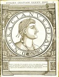 Gratianus, illustration from Imperatorum Romanorum Omnium Orientalium et Occidentalium Verissimae Imagines ex Antiquis Numismatis
